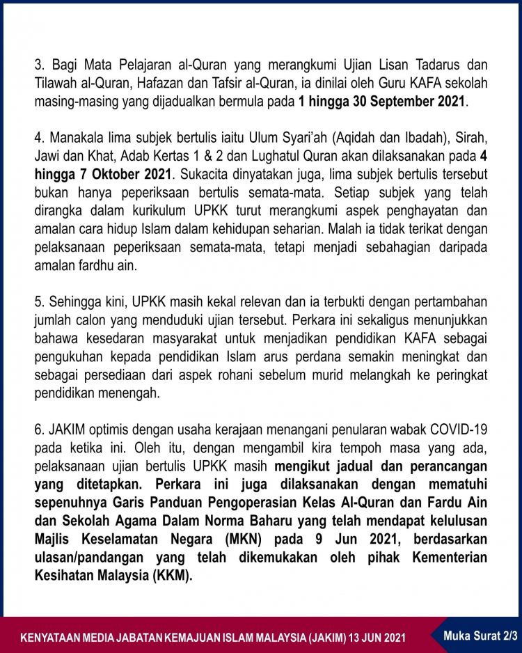 Jadual Ujian Penilaian Kelas KAFA (UPKK) Calon 2020 & 2021 Mulai September 2021