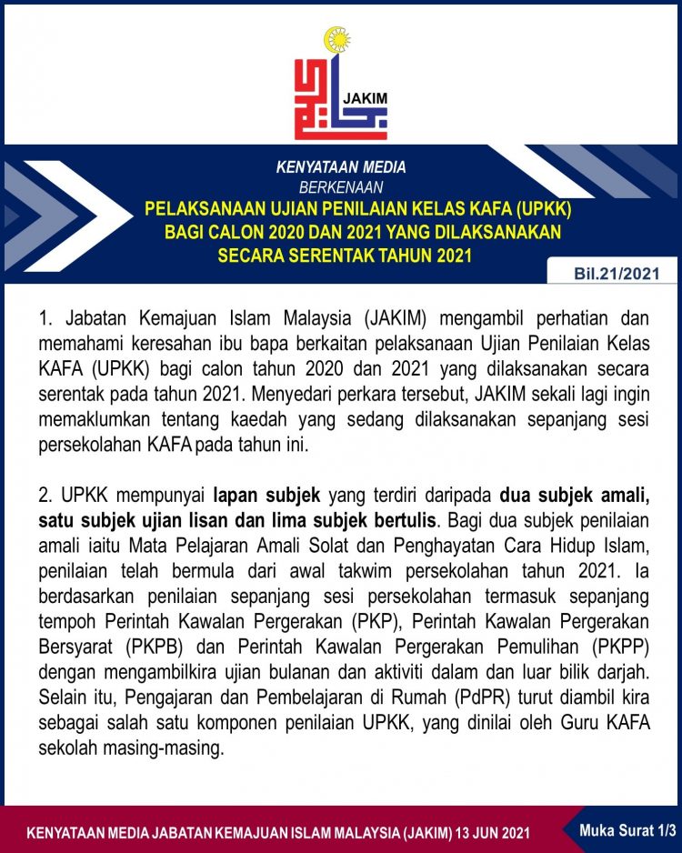 Jadual Ujian Penilaian Kelas KAFA (UPKK) Calon 2020 & 2021 Mulai September 2021