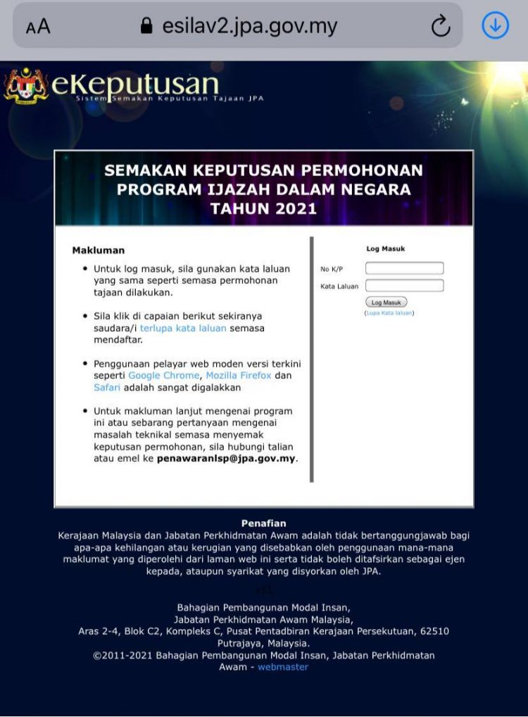 Semakan Keputusan Permohonan Tajaan JPA Program Ijazah Dalam Negara (PIDN) Tahun 2021