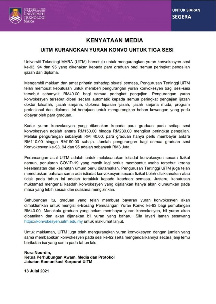 UiTM Beri Pengurangan Yuran Konvo RM40 Untuk 3 Sesi. Semak Kadar Yuran Terbaru