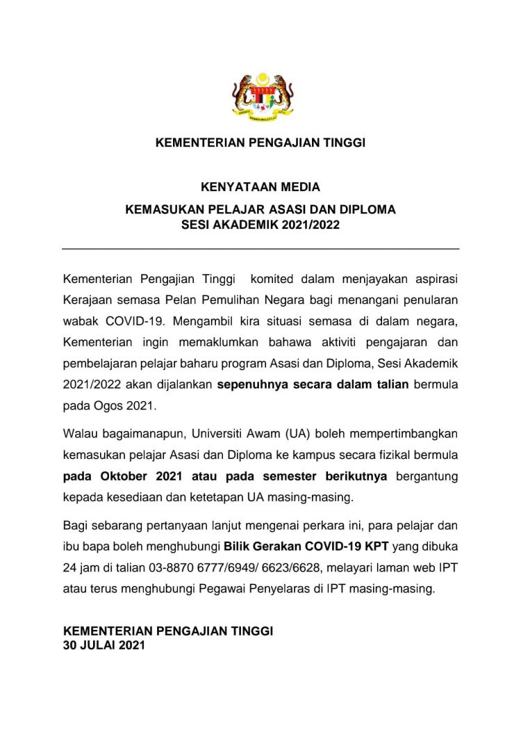 Kemasukan Pelajar Baharu Program Asasi & Diploma Sesi 2021/2022 Secara Online