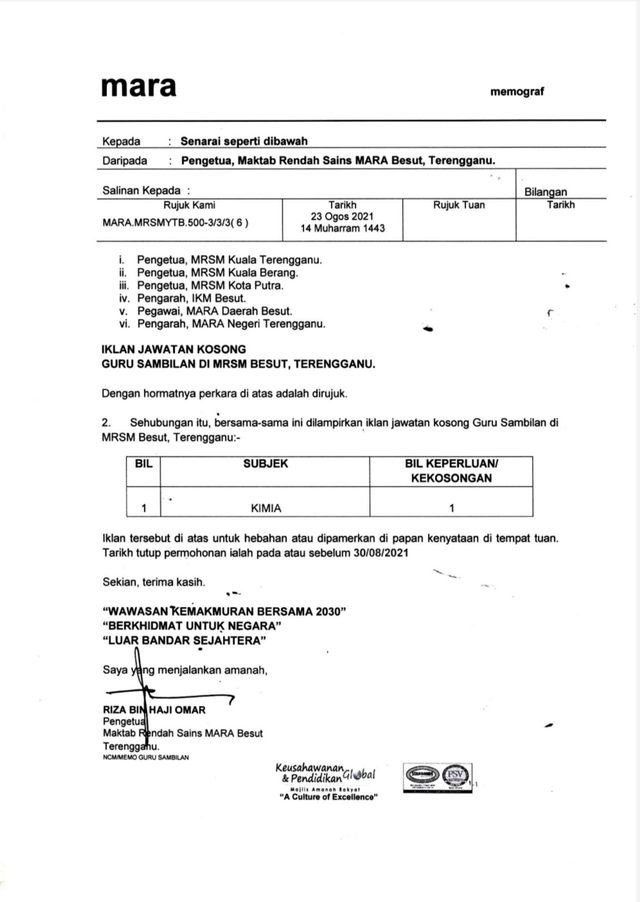 Permohonan Jawatan Kosong Guru Sambilan MRSM MARA Kini Dibuka