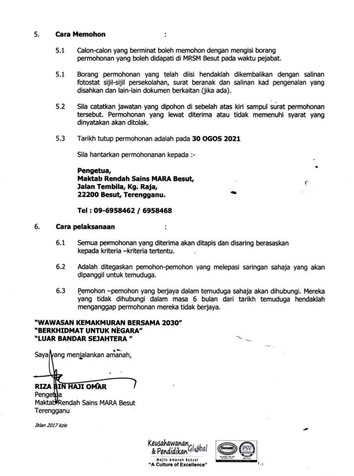 Permohonan Jawatan Kosong Guru Sambilan MRSM MARA Kini Dibuka