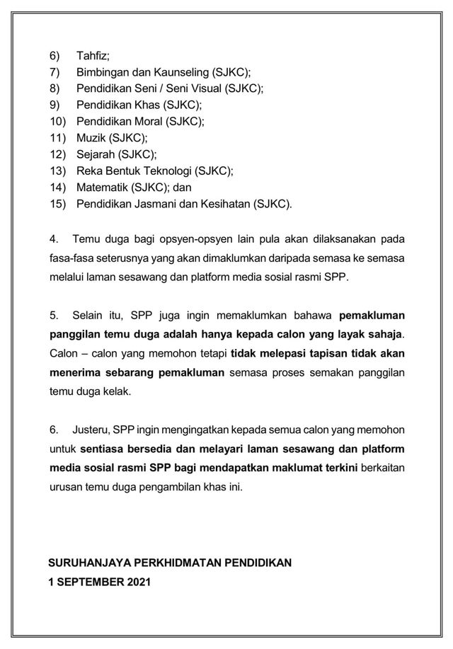 [Terkini] Tarikh Temuduga Pengambilan Khas Guru SPP Secara Berfasa Mulai 8 September