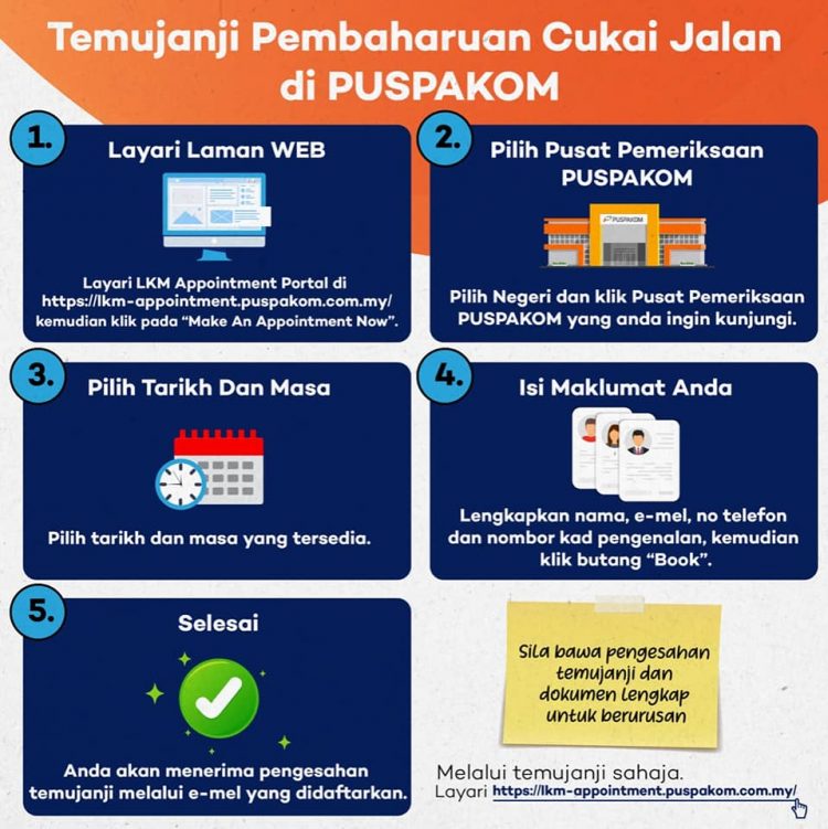 Dah Boleh Renew Roadtax Di PUSPAKOM, Ini Cara Buat Temujanji Online Untuk Urusan Lebih Cepat