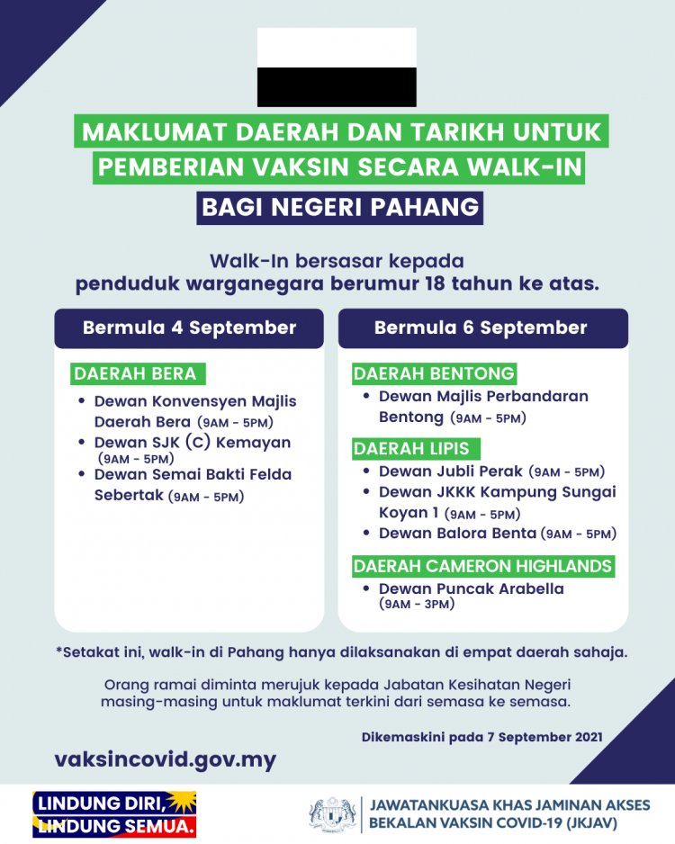 Senarai Pusat Pemberian Vaksin Secara Walk In Di Setiap Negeri. Dah Tak Perlu Tunggu Temu Janji
