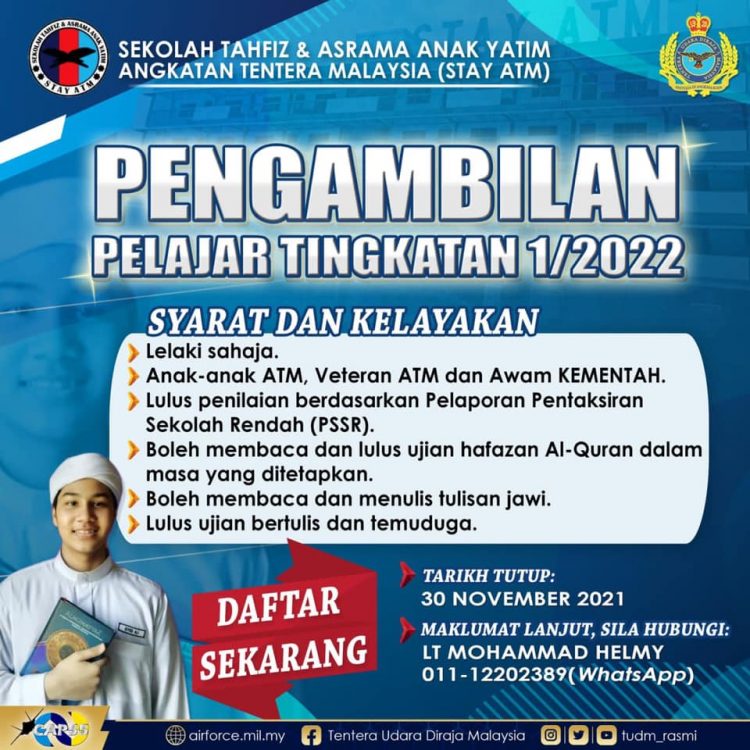 Pengambilan Pelajar Tingkatan 1 Sekolah Tahfiz & Asrama Anak Yatim ATM (STAY ATM)