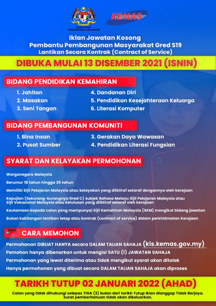 Cara Mohon Jawatan Pembantu Pembangunan Masyarakat KEMAS Dengan Minima SPM/ SVM