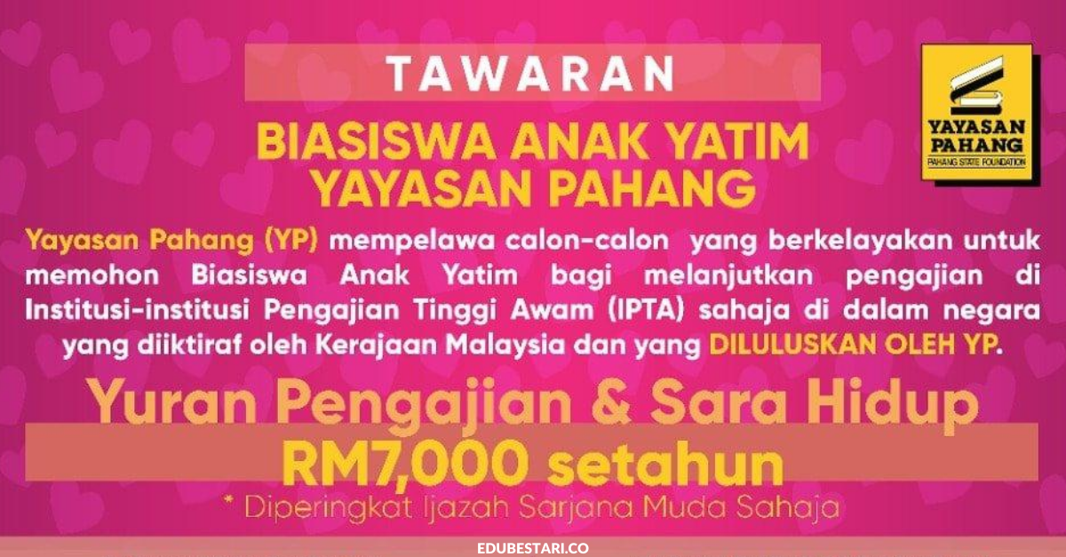 Tawaran Biasiswa Anak Yatim YP RM7,000 Setahun Untuk Melanjutkan Pengajian Ke IPTA