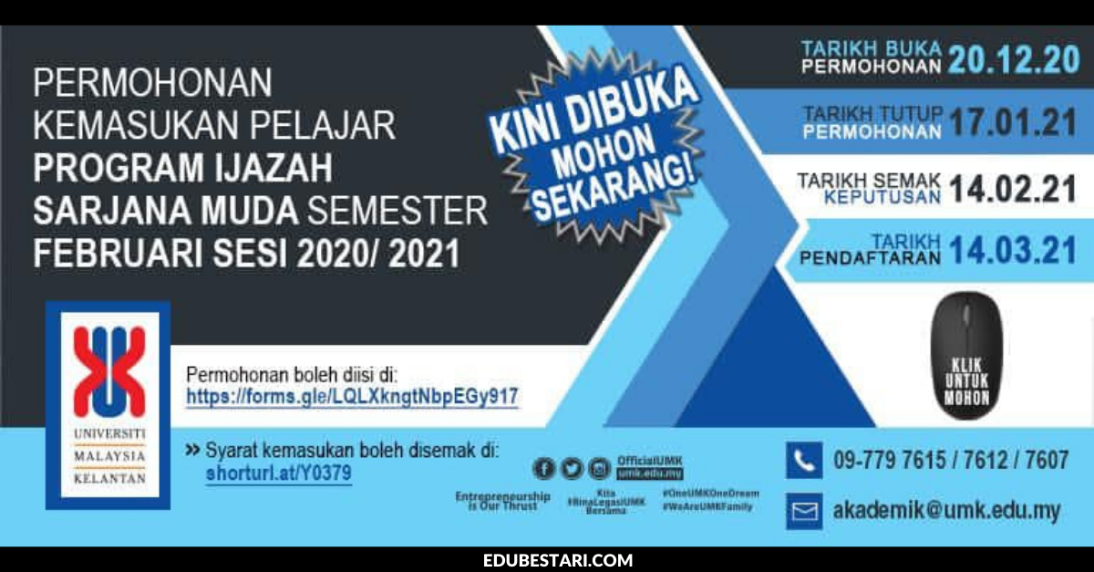 Permohonan Kemasukan Pelajar Program Ijazah Sarjana Muda UMK Sesi Februari 2021 Dibuka