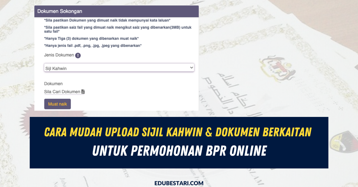 Cara Mudah Upload Sijil Kahwin & Dokumen Berkaitan Untuk Permohonan BPR Online Urusan permohonan Bantuan Prihatin Rakyat (BPR) 2021 masih belum selesai? Masih ramai rupanya pemohon yang keliru mengenai permohonan baru dan kemaskini permohonan BPR. Ada juga yang mengalami masalah muat naik dokumen ke laman BPR untuk permohonan. Tak perlu bersesak ramai-ramai ke kaunter Lembaga Hasil Dalam Negeri (LHDN), anda boleh selesaikan permohonan anda di rumah sahaja. Sama juga seperti borang permohonan, download sahaja BORANG PERMOHONAN BPR secara online tanpa pergi ambil di kaunter LHDN. Bagi yang masih tidak tahu cara upload sijil kahwin & dokumen berkaitan untuk permohonan BPR online, anda boleh ikuti perkongsian di bawah. SIAPA YANG PERLU UPLOAD DOKUMEN? Bagi yang masih belum jelas, individu yang perlu upload dokumen berkaitan adalah: SEMUA pemohon baharu Pemohon yang perlu kemaskini maklumat permohonan sedia ada (jika ada perubahan status dan sebagainya) Semak senarai pemohon yang perlu buat permohonan baru dan pemohon yang perlu kemaskini perlu kemaskini permohonan DI SINI. CARA UPLOAD DOKUMEN BERKAITAN Berikut adalah langkah-langkah untuk anda upload dokumen berkaitan bagi melengkapkan permohonan BPR secara online: Permohonan Baru BPR Pergi ke laman web bpr.hasil.gov.my Klik Permohonan Baru Lengkapkan maklumat seperti yang diminta Di bahagian Jenis Dokumen, pilih jenis dokumen yang berkaitan dengan status semasa anda Klik Muat naik untuk upload dokumen berkaitan Kemaskini Permohonan Bagi pemohon yang perlu kemaskini permohonan BPR iaitu penerima BSH dan BPN 2.0, anda perlu log masuk ke laman BPR menggunakan PANDUAN KEMASKINI BPR yang ditetapkan. Anda hanya perlu upload dokumen sokongan sekiranya: Ada tambahan anak Status bertukar (dari berkahwin ke bujang / dari bujang ke berkahwin) Sekiranya permohonan di portal BPR 2021 anda wujud dan tiada perubahan maklumat anak yang didaftarkan semasa BSH dan BPN 2.0, anda TIDAK PERLU kemaskini permohonan. Ini kerana pemprosesan bagi penentian kelayakan anak akan dibuat melalui sistem. Jadi, jika tiada sebarang perubahan, anda TIDAK PERLU kemukakan sebarang dokumen sokongan semasa kemaskini permohonan BPR 2021. Walau bagaimanapun, sekiranya anda mempunyai tambahan anak yang lain, kemaskini dan serahan dokumen sokongan anak yang baharu perlu dibuat. PEMBAYARAN BPR 2021 Permohonan dan pengemaskinian BPR adalah dibuka sehingga 15 Februari. Untuk makluman anda, pembayaran BPR 2021 fasa 1 bagi pemohon yang lulus diawalkan pada penghujung bulan Februari 2021. Semak: Jadual Pembayaran BPR 2021 Kadar Bayaran Fasa Pertama BPR 2021 Sekiranya anda mempunyai sebarang masalah dengan permohonan online, anda boleh DOWNLOAD BORANG PERMOHONAN dan kemukakan permohonan secara manual dengan panduan yang dinyatakan.