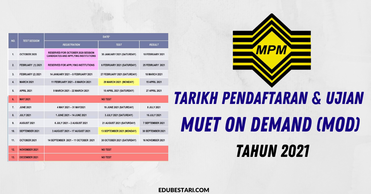 Tarikh Pendaftaran & Ujian Peperiksaan MUET on Demand (MoD) Tahun 2021