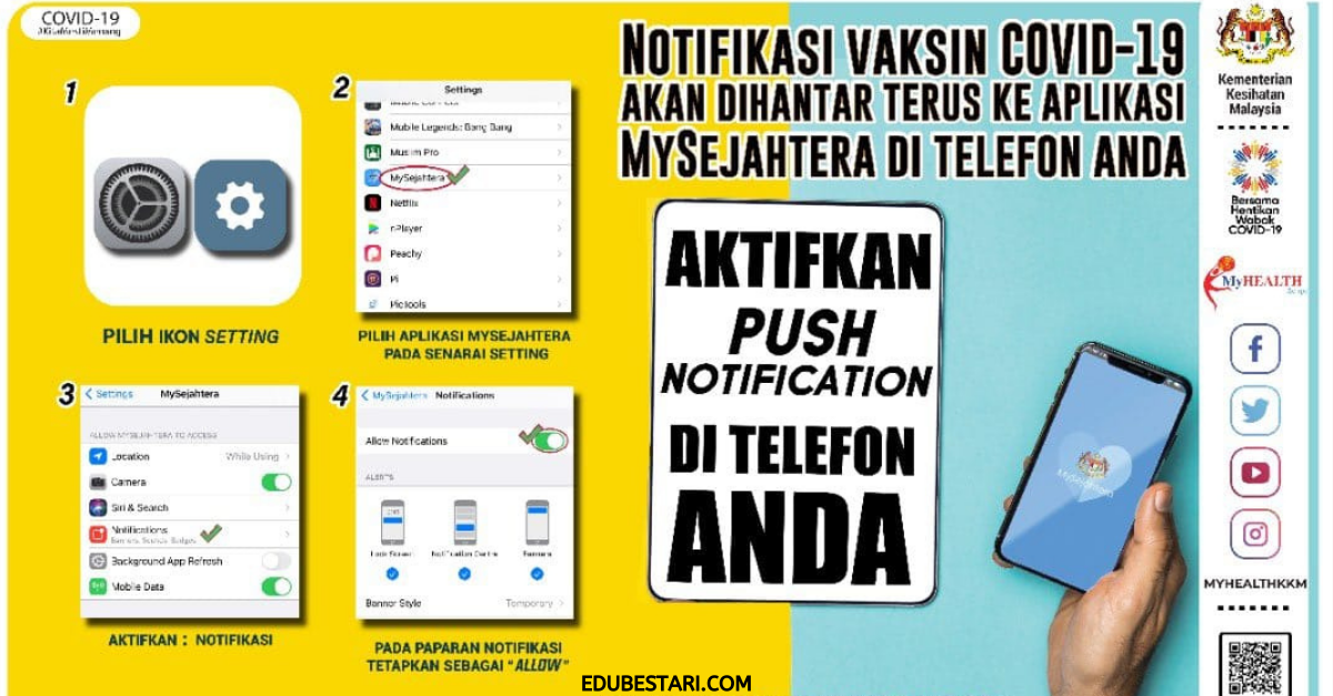 Alert Dengan Temu Janji Vaksin Di MySejahtera. Ini Cara Aktifkan “Push Notification”