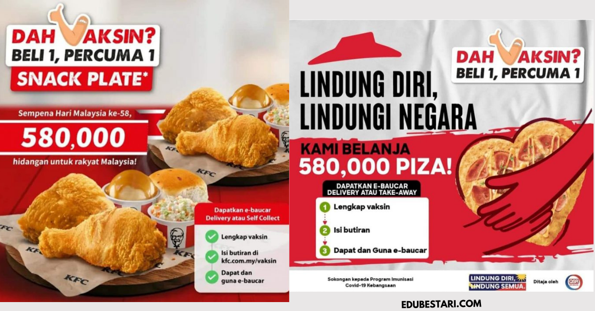 Cara Tebus Baucar Buy 1 Free 1 KFC Snack Plate & Pizzat Hut Buat Individu Lengkap Vaksin
