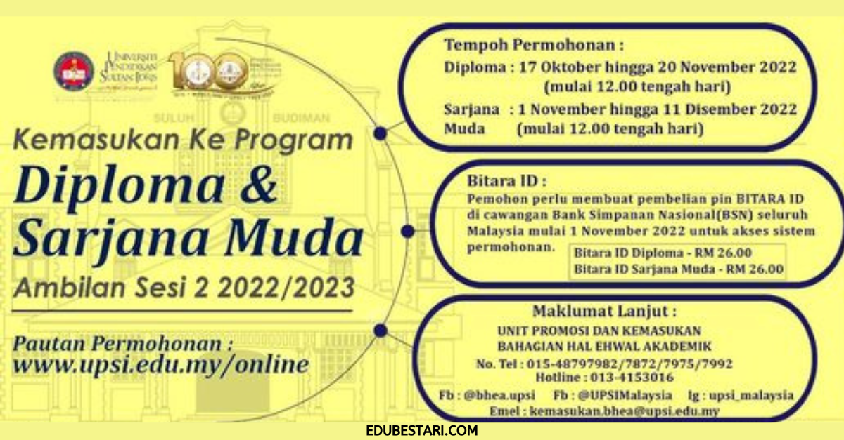 Tawaran Program Diploma & Ijazah Sarjana Muda UPSI Ambilan Mac 2023 Dibuka