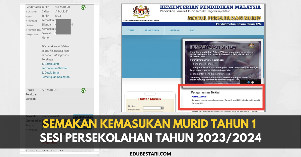 Semakan Permohonan Kemasukan Murid Tahun 1 Sesi Persekolahan 2023/2024 Dibuka