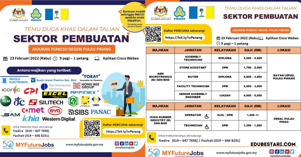 Daftar Temuduga Online Sektor Pembuatan. Pelbagai Jawatan Kelayakan Sijil, SPM, Diploma & Ijazah 