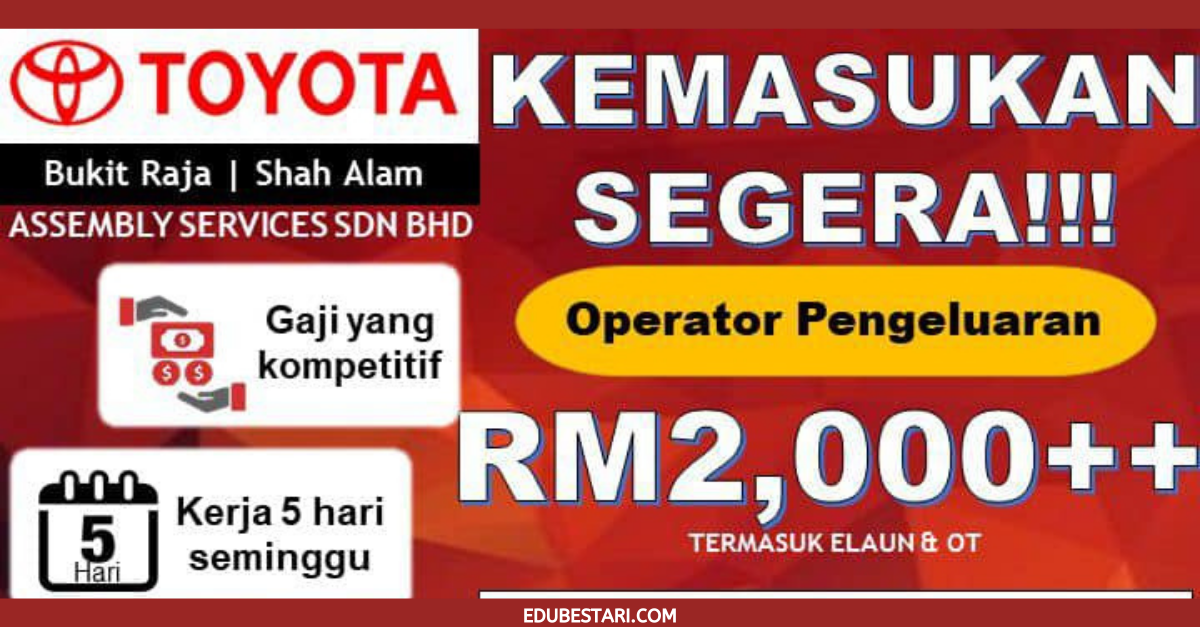 Temuduga Terbuka Toyota Minima Kelayakan SPM/SPMV. Gaji Bulanan RM2,000++ & Pelbagai Faedah
