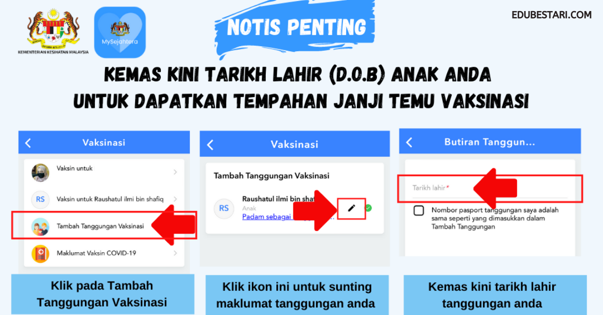 Panduan Kemaskini Tarikh Lahir Anak Di MySejahtera Untuk Dapatkan Tempahan Janji Temu Vaksinasi