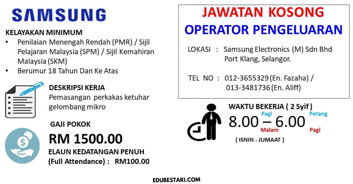 Tawaran Jawatan Operator Pengeluaran Di SAMSUNG Dengan Kelayakan Minima PMR/ SPM/ SKM