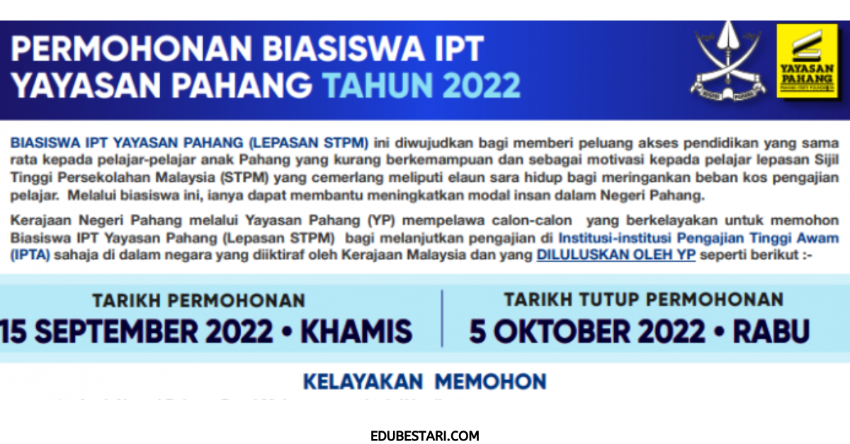 Tawaran Biasiswa IPT YP Buat Lepasan STPM Sambung Pengajian Di IPTA