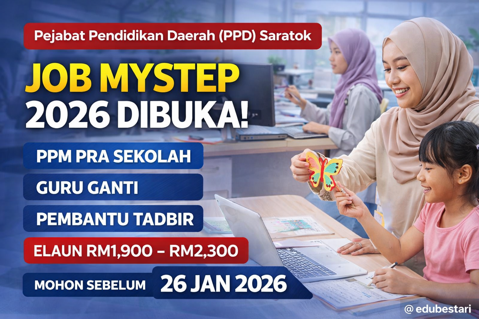 Jawatan MySTEP PPD Saratok Dibuka – PPM Pra Sekolah, Guru Ganti & Pembantu Tadbir