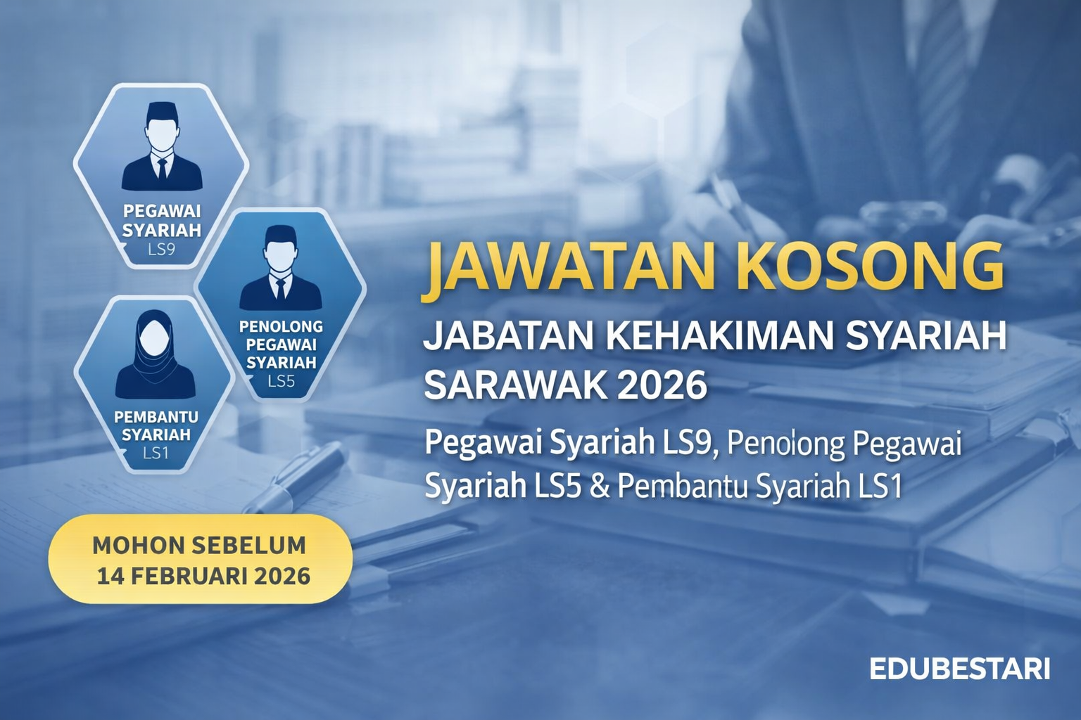 Jawatan Kosong Jabatan Kehakiman Syariah Sarawak 2026 — Pegawai Syariah LS9, Penolong Pegawai Syariah LS5 & Pembantu Syariah LS1