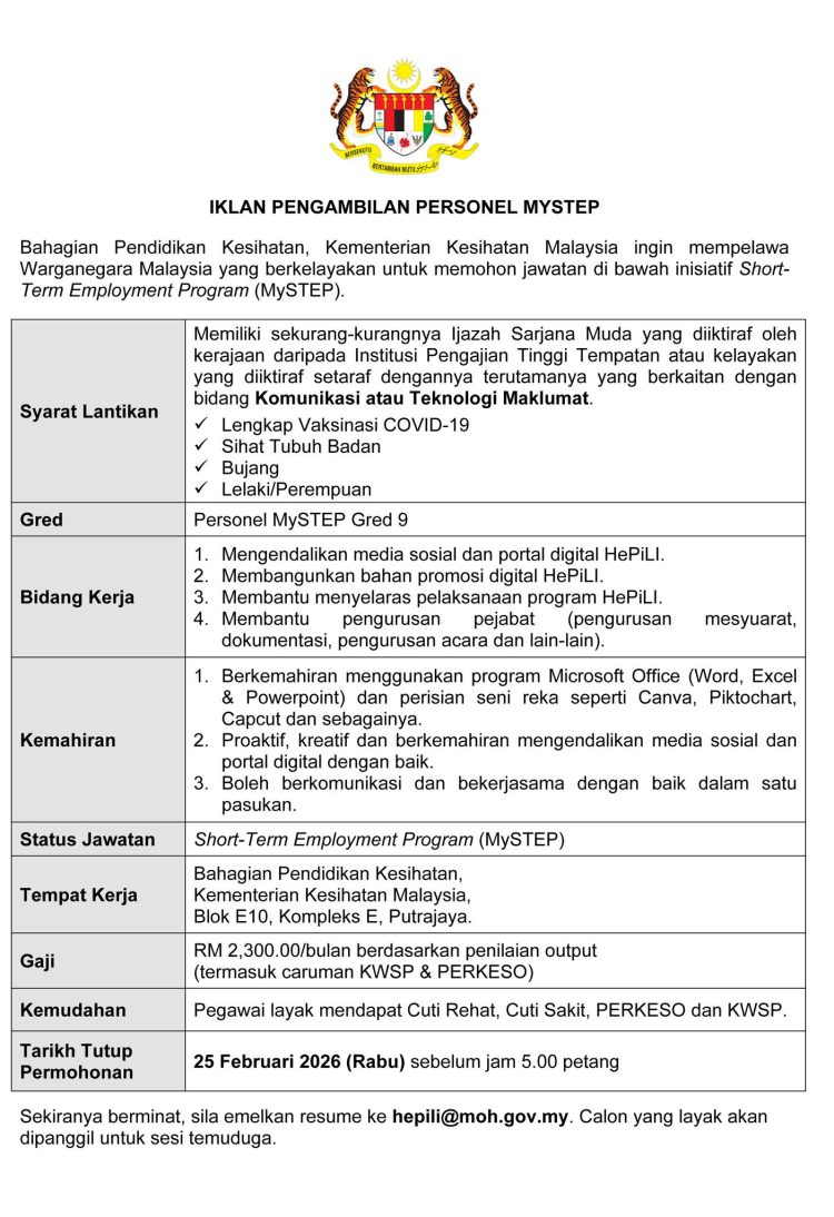 Program Hepili Jawatan Kosong MySTEP Kementerian Kesihatan Malaysia - Personel MySTEP ...