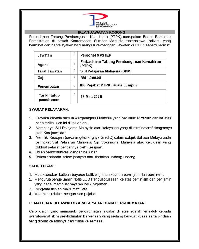Program Fitstep Ptpk Jawatan Kosong PTPK 2026: Personel MySTEP Lepasan SPM (Gaji RM1,900 ...