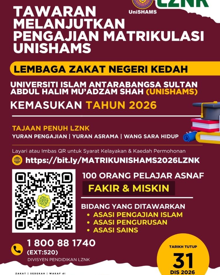 Tajaan LZNK UniSHAMS 2026: Asasi Sains, Pengurusan & Pengajian Islam ...